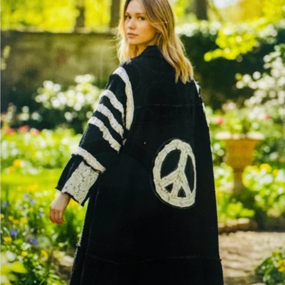 POL Jackets & Blazers - POL Black & Crème Duster Lace Patchwork Peace signs